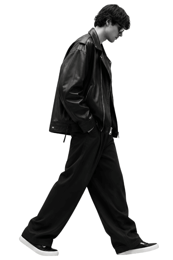 Man wearing a black OvrOne leather jacket