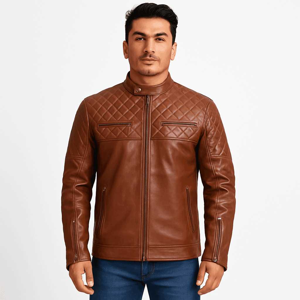 Orith Brown Quilted Biker Leather Jacket for Men
