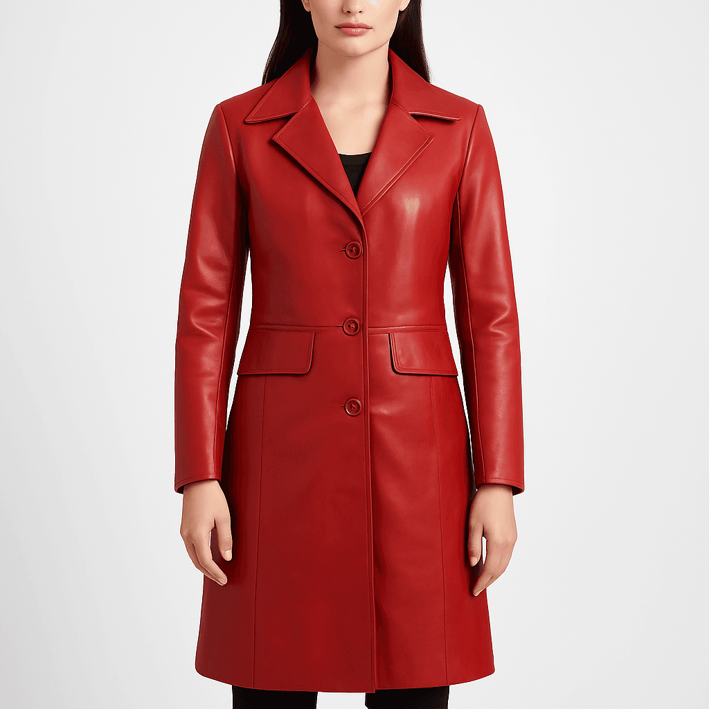 Women's Red Leather Trench Long Coat