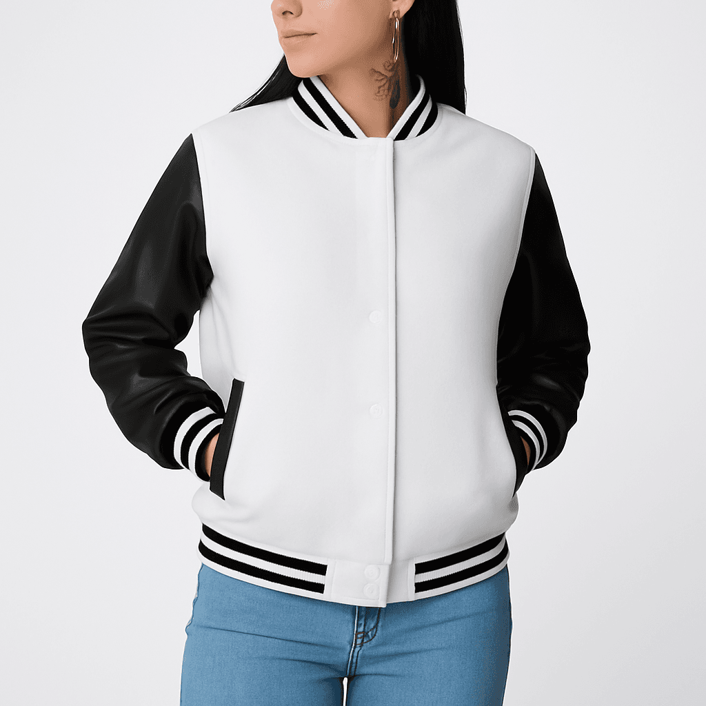Women's Black and White Leather Varsity Jacket