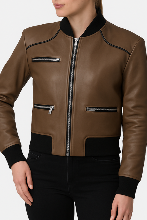 Betty Womens Brown Bomber Leather Jacket