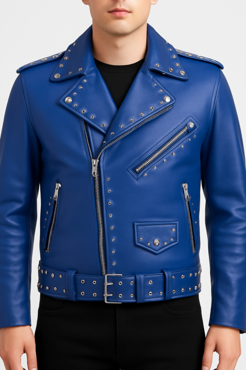 Blue Studded Biker Motorcycle Leather Jacket