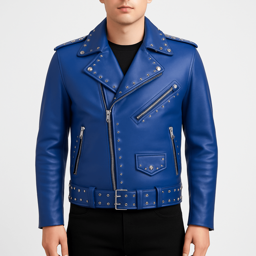 Blue studded biker motorcycle leather jacket