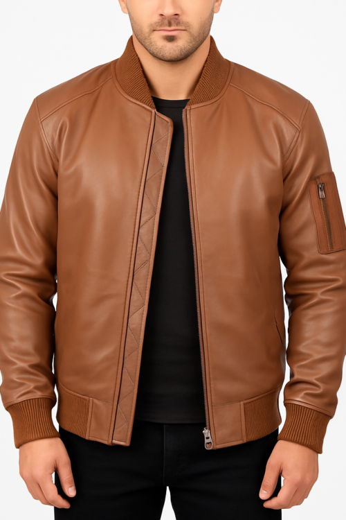 Bomia MA-1 Brown Leather Bomber Jacket for Men