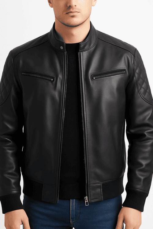 Casual Black Leather Bomber Jacket