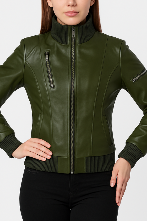 Cheryl Women’s Green Bomber Leather Jacket
