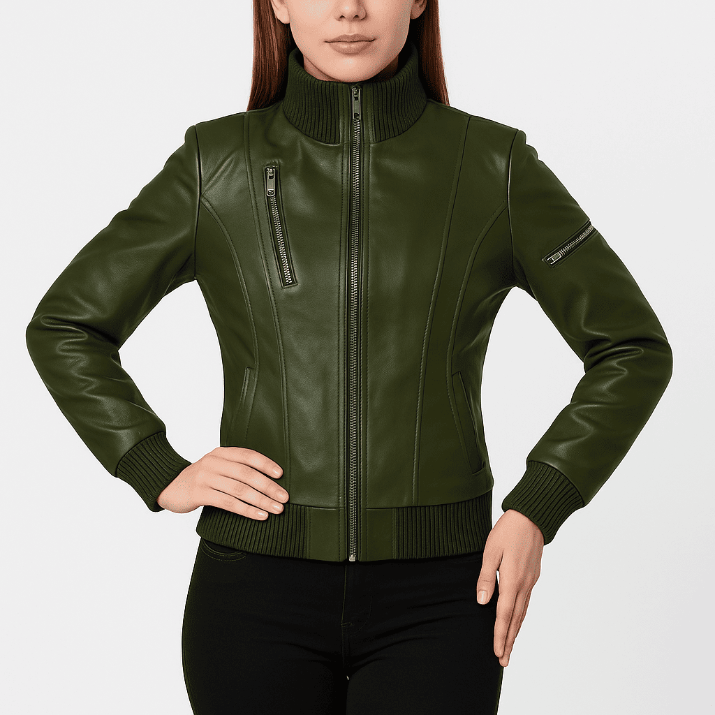 Cheryl women's green bomber leather jacket