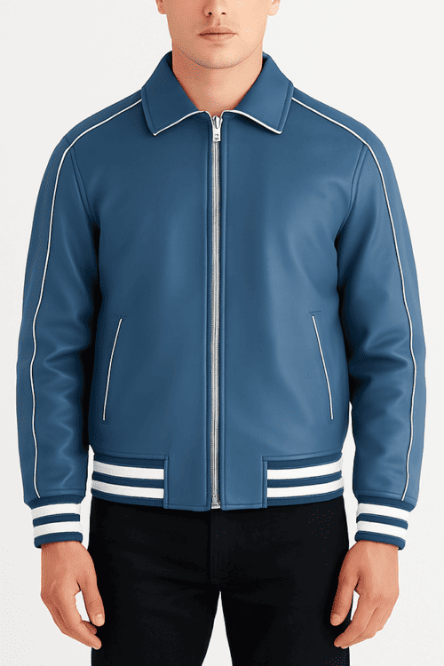 Cooper Blue Leather Varsity Jacket For Men’s