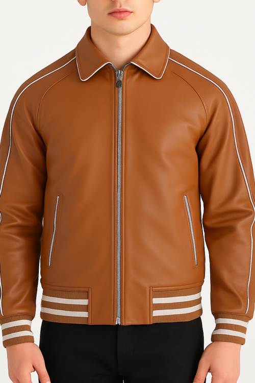 Cooper Tan Brown Men’s Leather Varsity Jacket