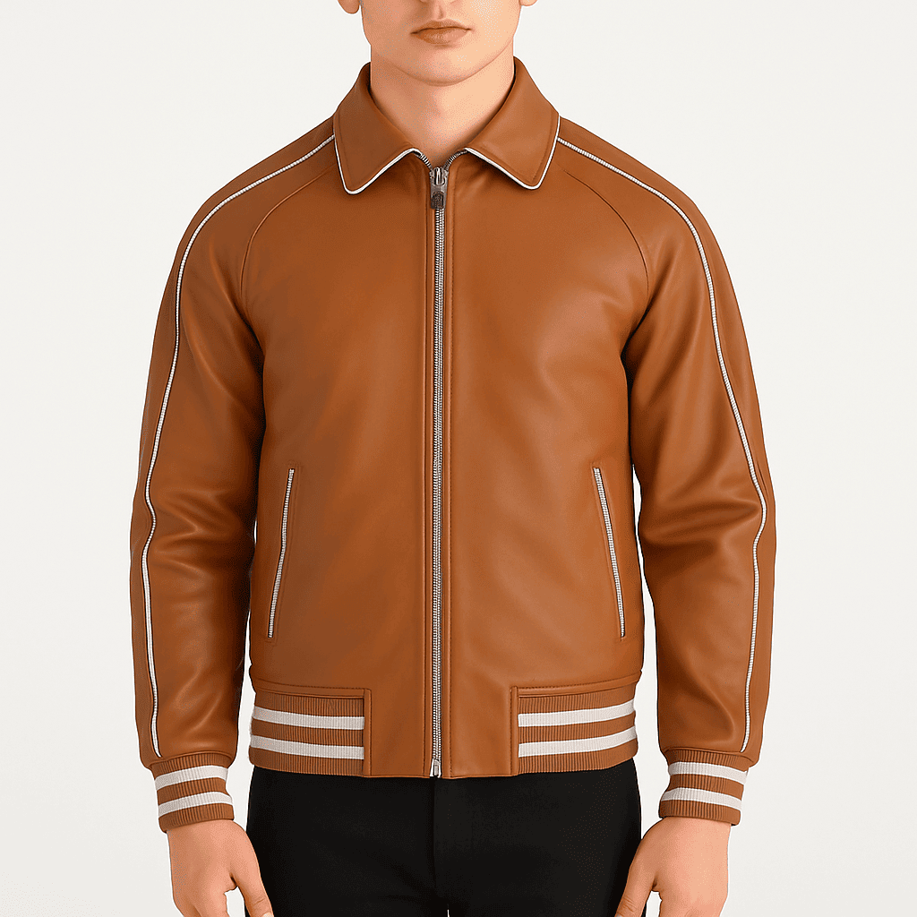 Cooper tan brown men's leather varsity jacket close front view