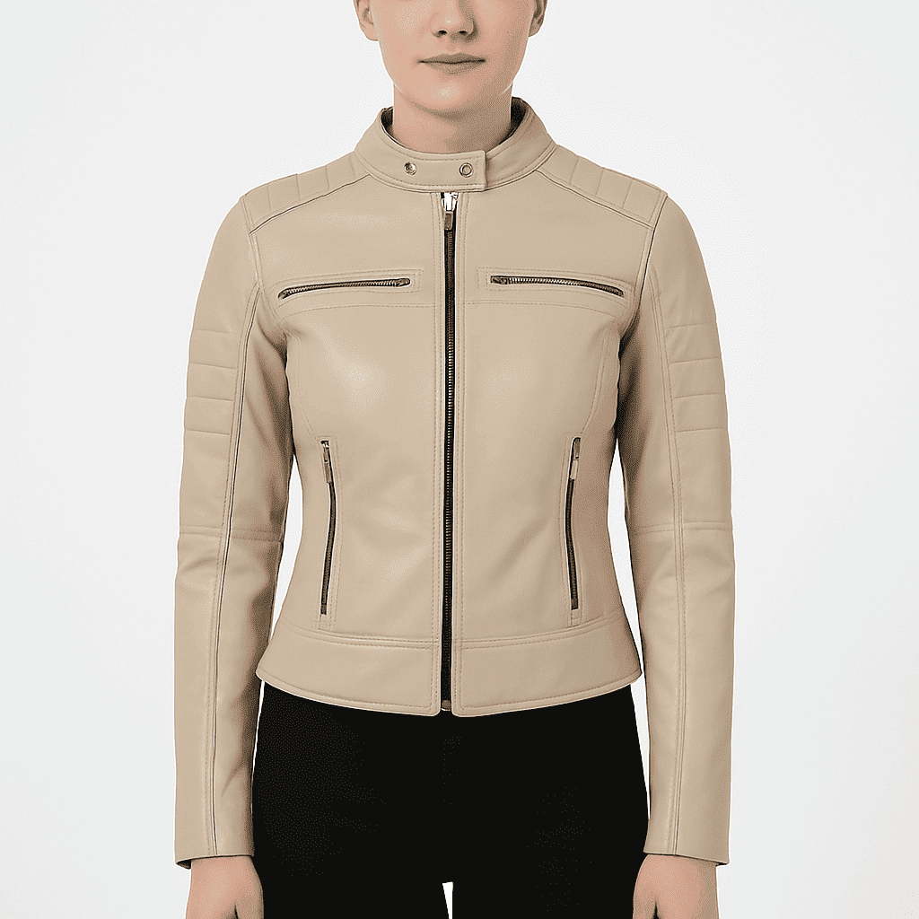 Decrum women's beige real leather zip-up moto biker jacket