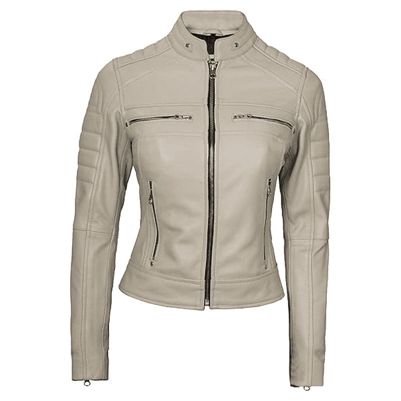 Women's Beige Zip-Up Moto Real Leather Jacket - Image 2