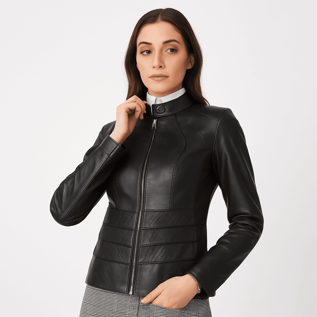 Destiny black genuine leather jacket for women with stand-up collar, front zipper closure, zippered pockets, and zippered cuffs