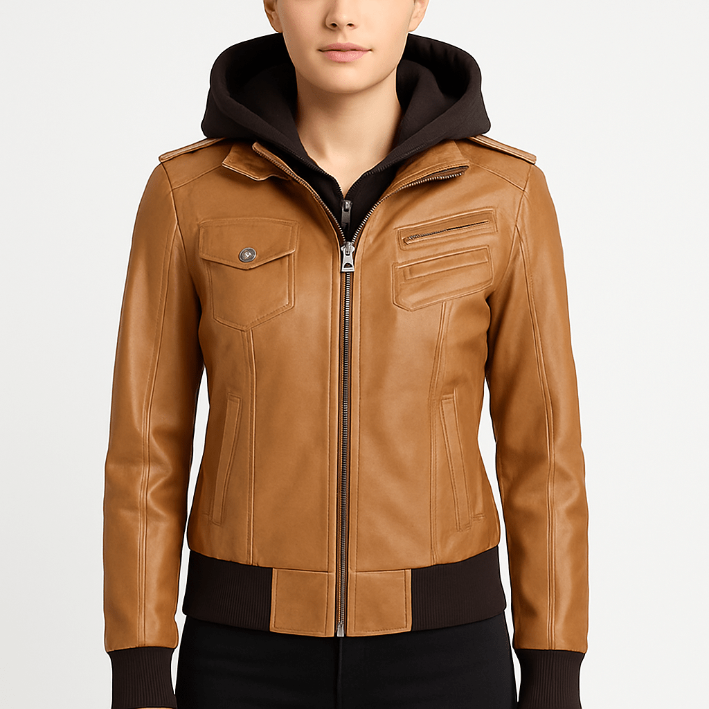 Edinburgh women's camel brown bomber leather jacket with removable hood