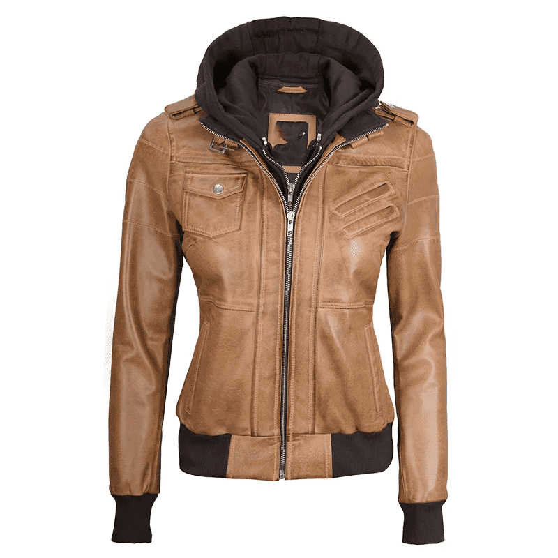 Edinburgh Women's Camel Brown Bomber Leather Jacket with Removable Hood - Image 2