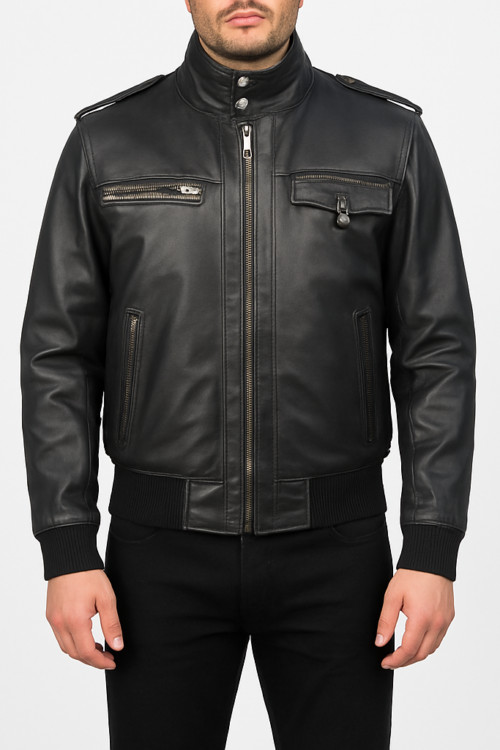 Glen Street Black Leather Bomber Jacket For Men’s