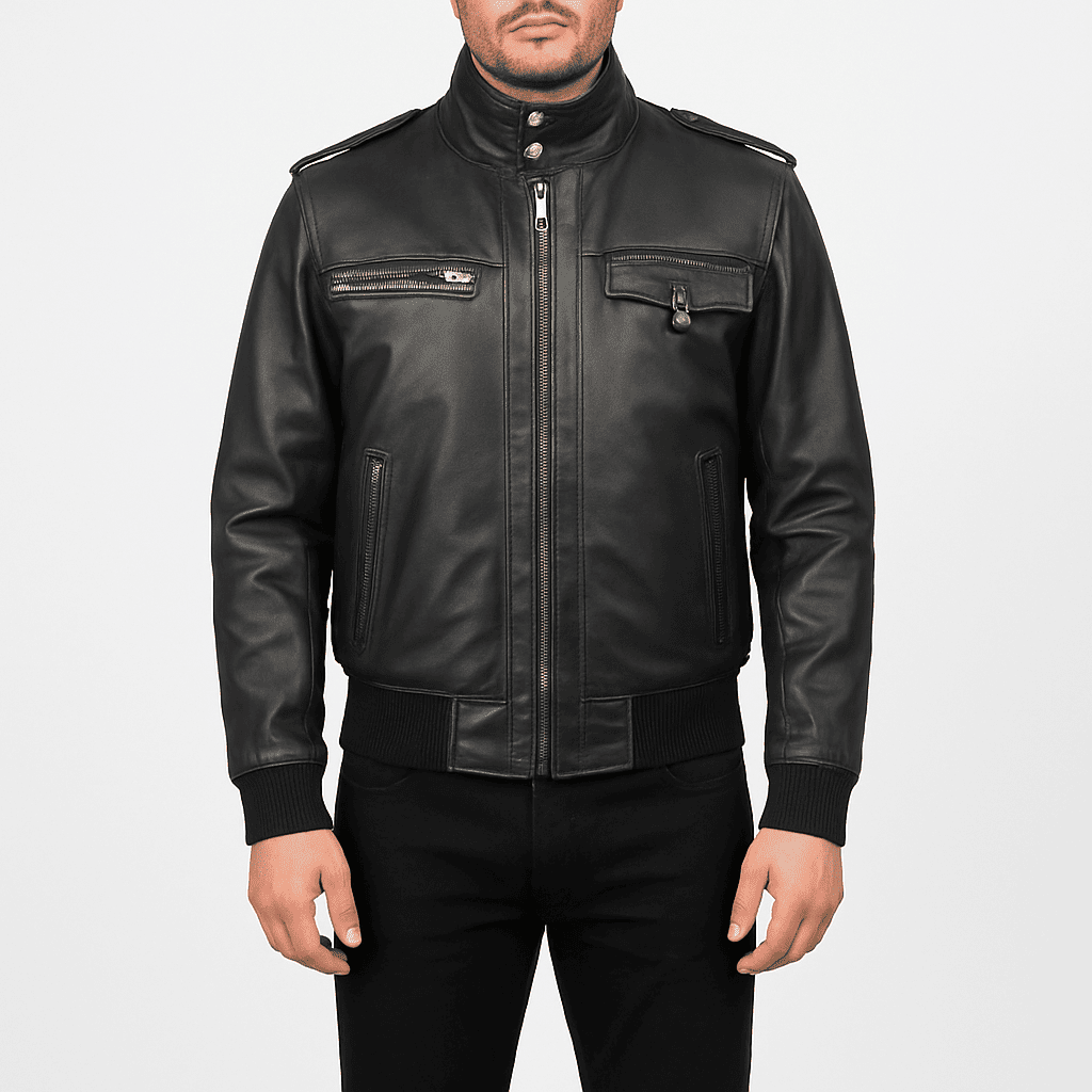 Glen Street men's black leather bomber jacket