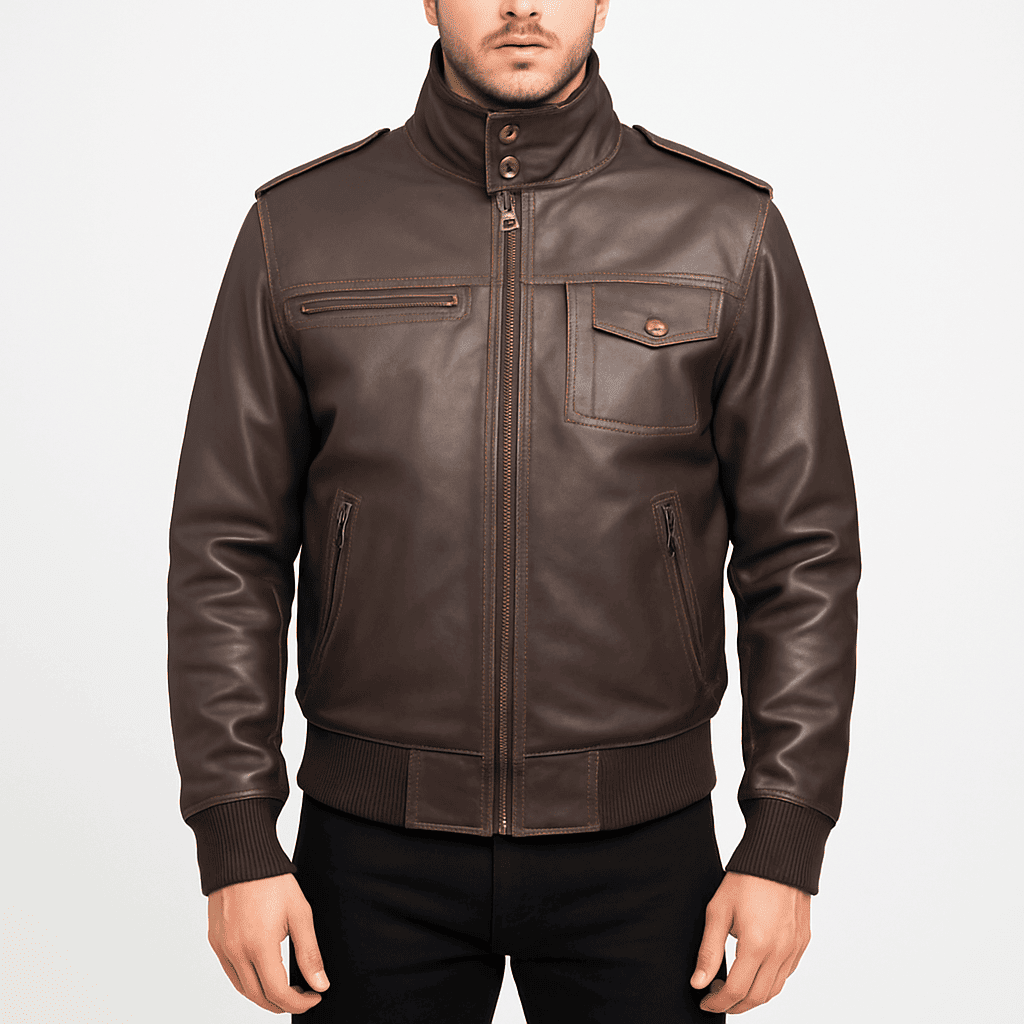Men's brown genuine leather bomber jacket