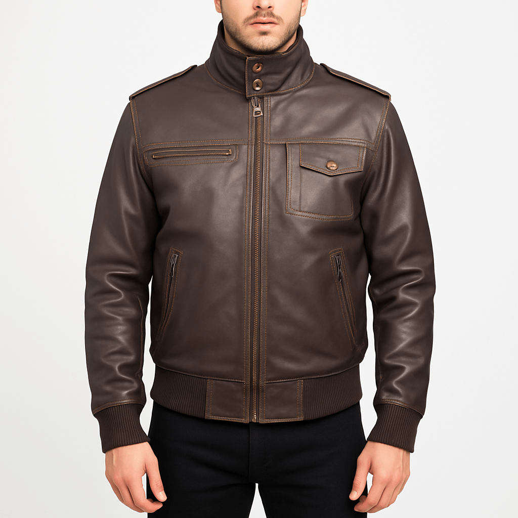 Glen Street men’s brown leather bomber jacket