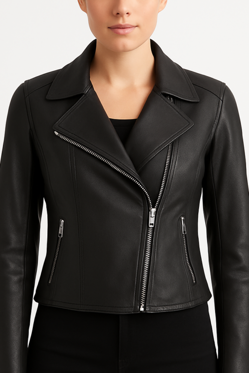 Jennifer Ladies Black Leather Cropped Jacket