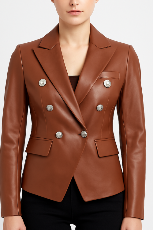 Kinley Women’s Double Breasted Brown Leather Blazer Jacket