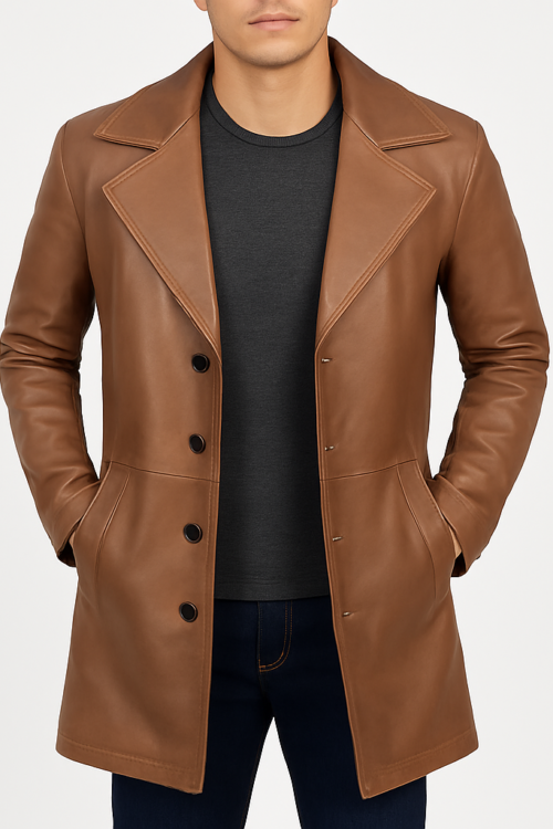 Men’s 34 Length Brown Leather Car Coat