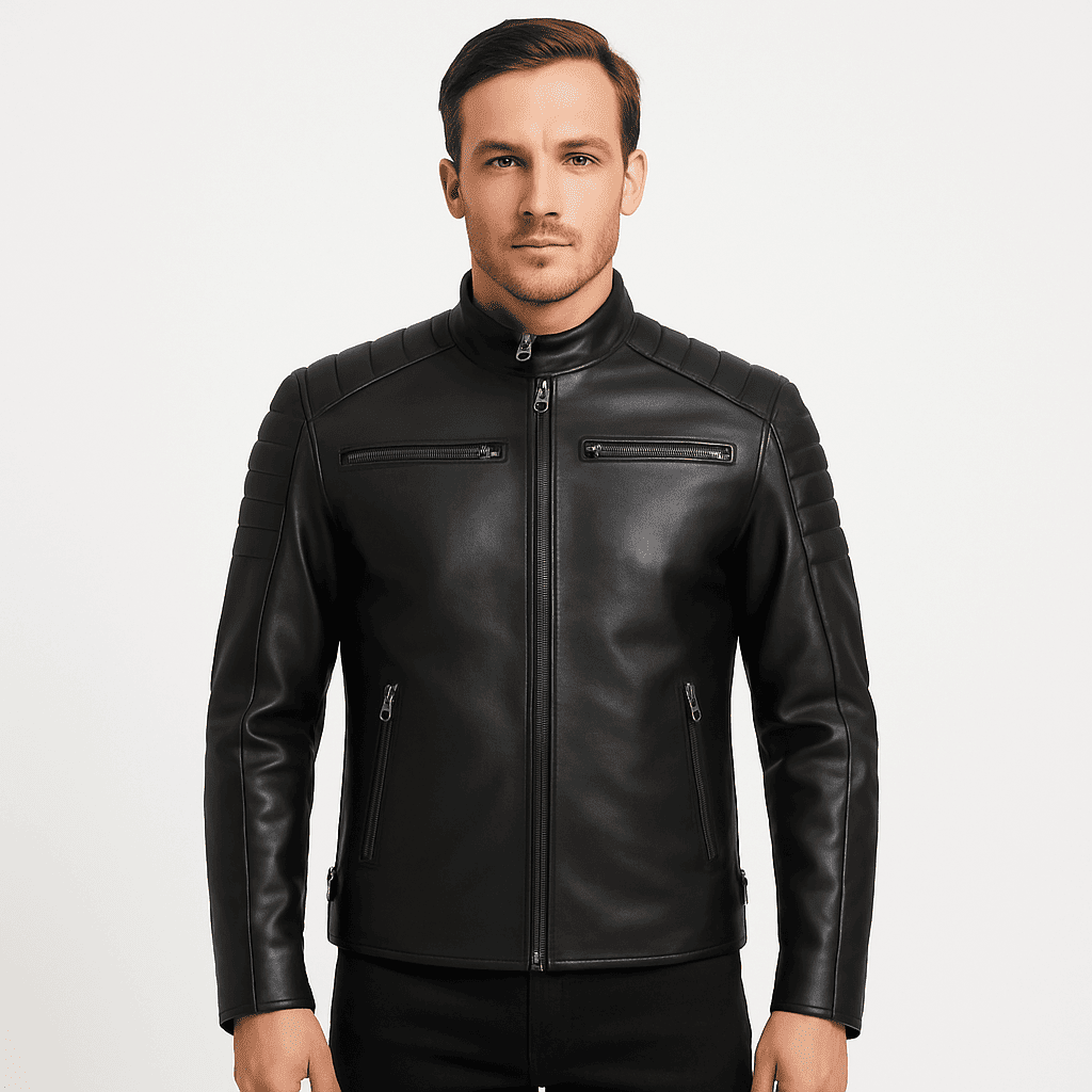 Men's black cafe racer leather jacket in padded style