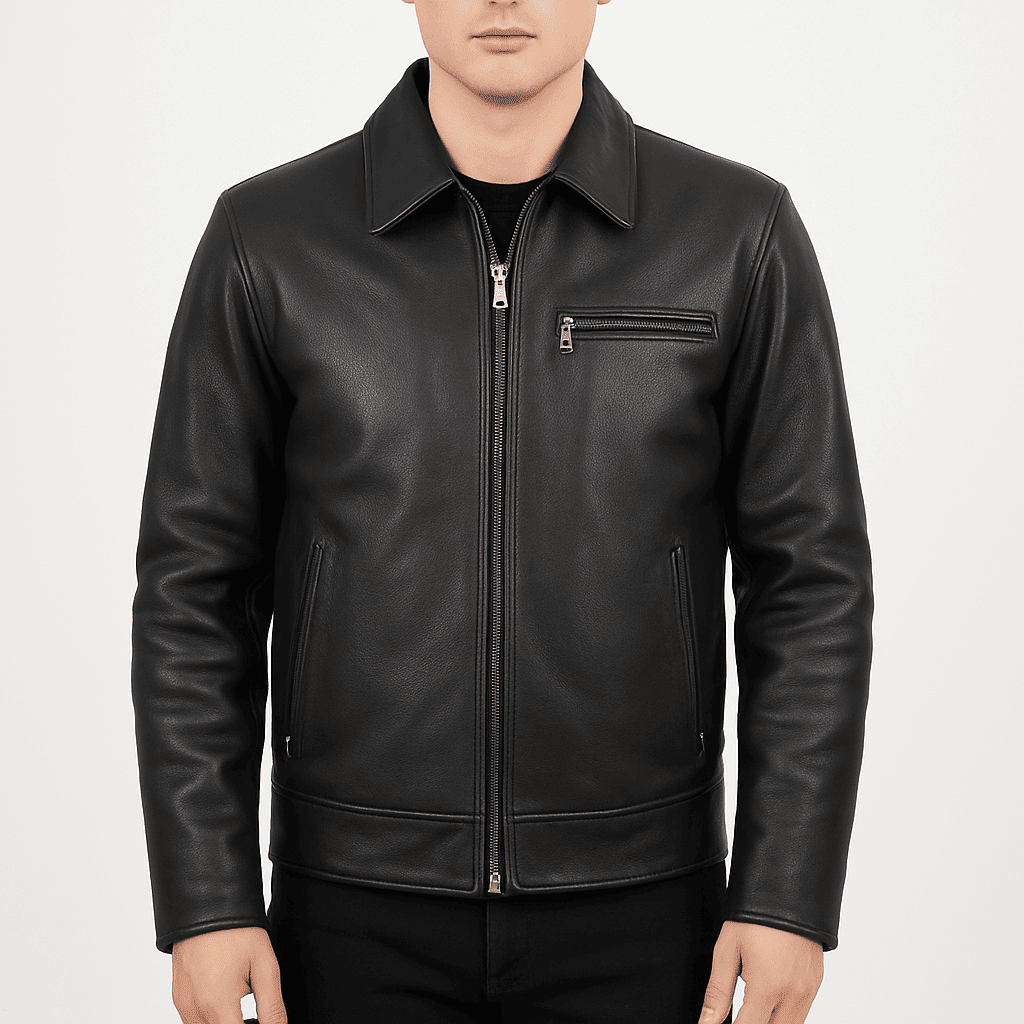 Men's black cowhide leather Harrington jacket