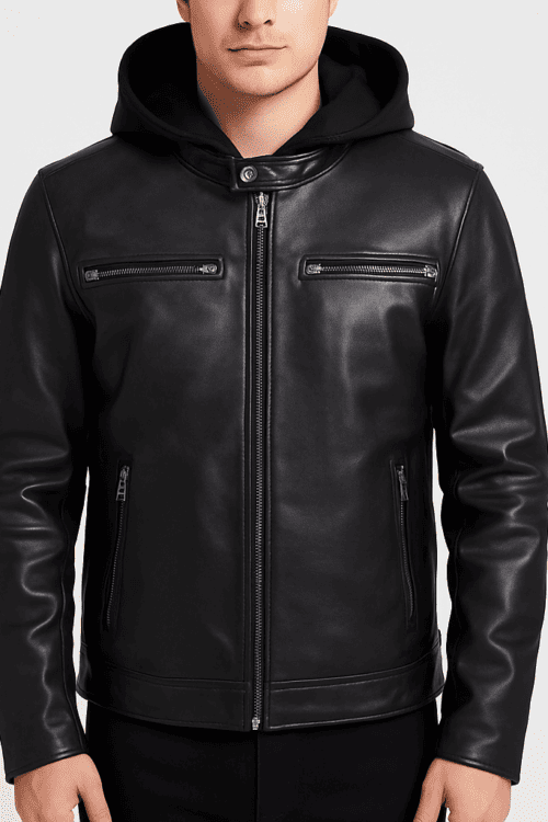 Men’s Black Detachable Hooded Leather Jacket