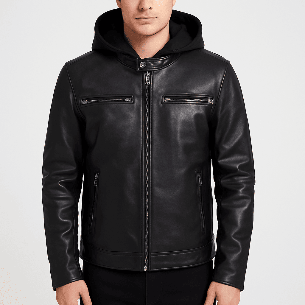 Men’s black detachable hooded leather jacket