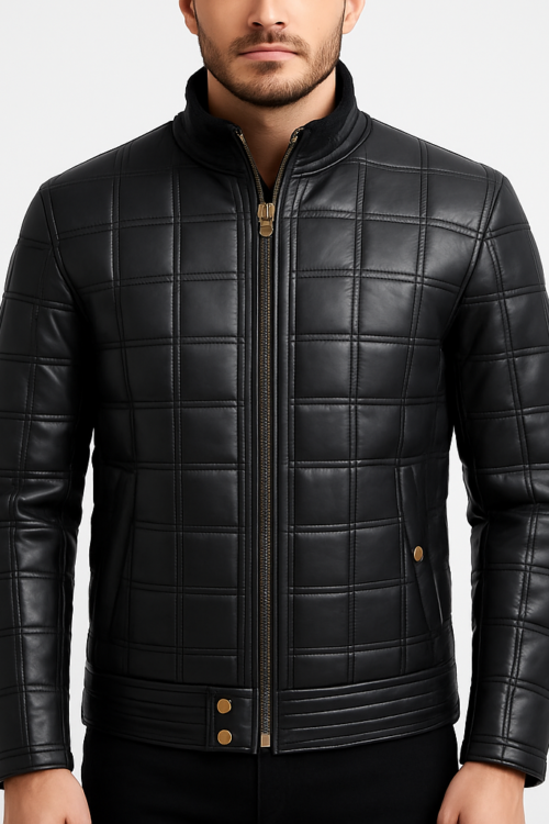 Men’s Black Full Quilted Genuine Leather Zipper Jacket