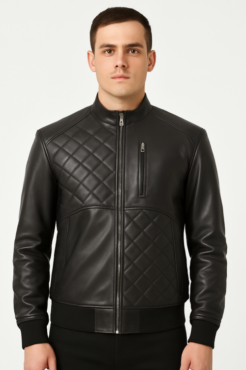 Mens Black Genuine Leather Quilted-Style Jacket