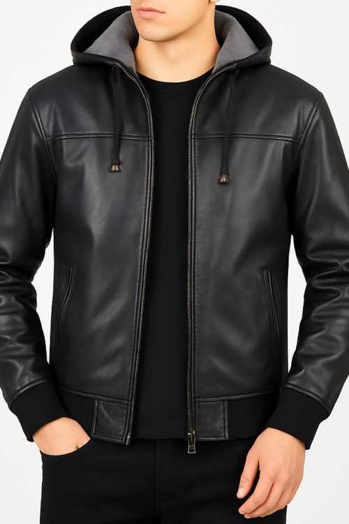 Men’s Black Hooded Bomber Leather Jacket