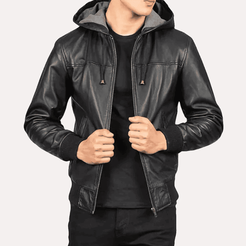 Men's Black Hooded Bomber Leather Jacket - Image 2