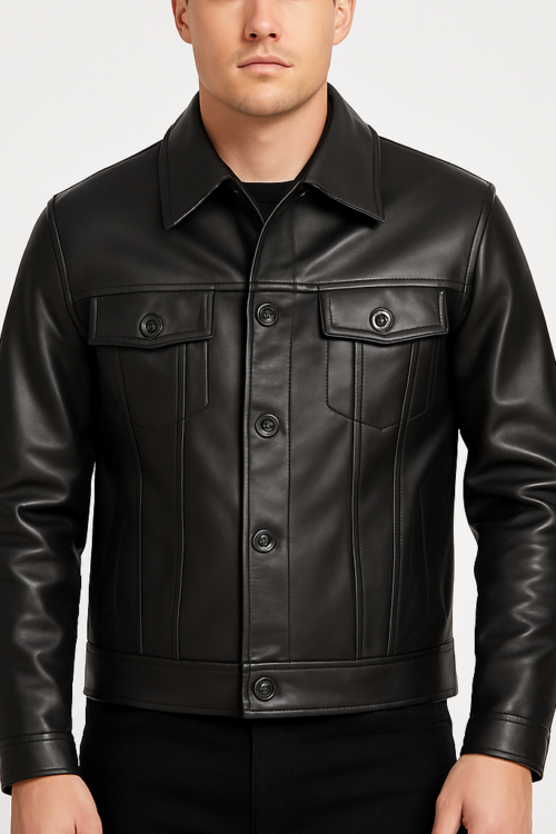 Men’s Black Leather Motorcycle Jacket Classic Biker Folded Collar