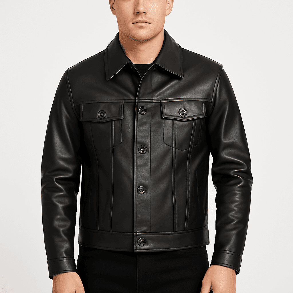 Men's black leather motorcycle jacket with classic biker design and vintage folded collar