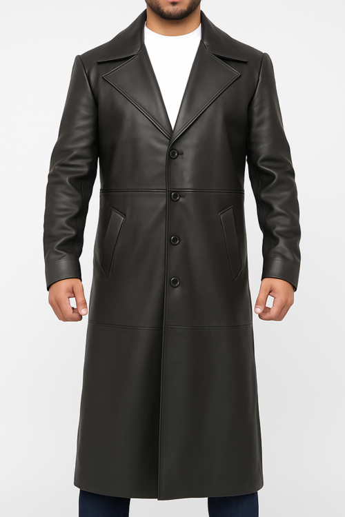 Men’s Black Long Leather Duster Coat