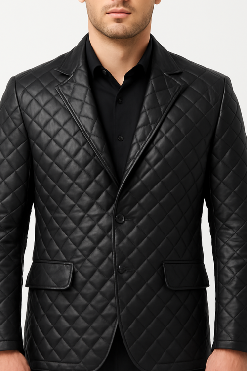Men’s Black Quilted Leather Blazer with Lapel Collar