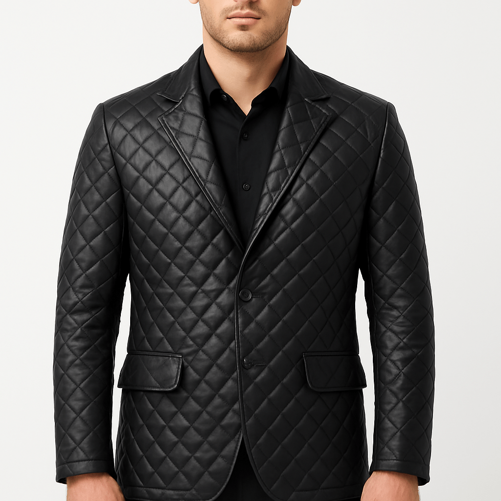 Men's black quilted leather blazer with lapel style collar