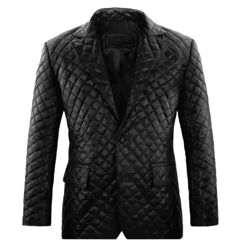 Men's Black Quilted Leather Blazer with Lapel Collar - Image 2