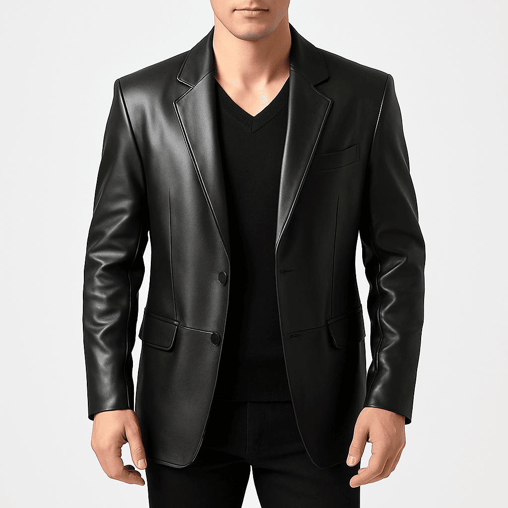 Men's black real genuine leather blazer