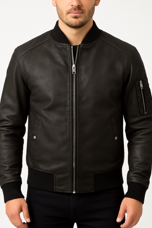 Men’s Bomia MA-1 Distressed Black Leather Bomber Jacket
