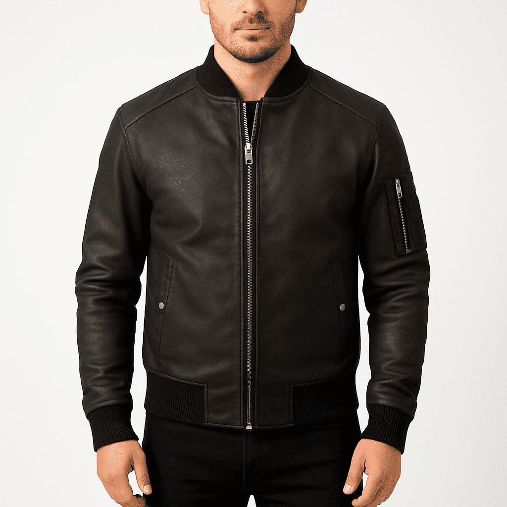 Men's Bomia MA-1 distressed black leather bomber jacket in black