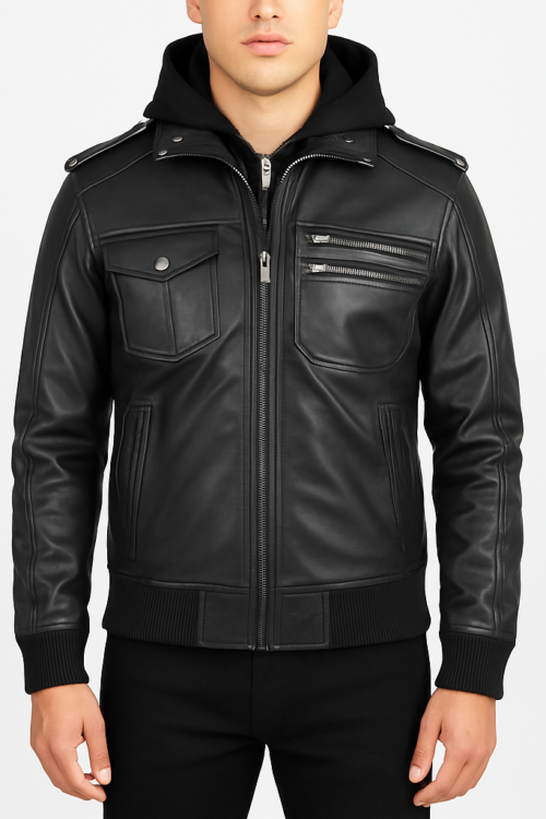 Men’s Bravado Black Hooded Leather Bomber Jacket