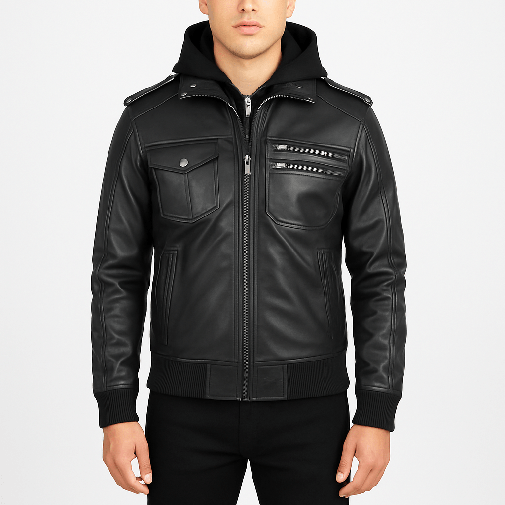 Men's Bravado black hooded leather bomber jacket front view