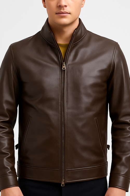 Men’s Brown Genuine Leather Cafe Racer Bomber Jacket