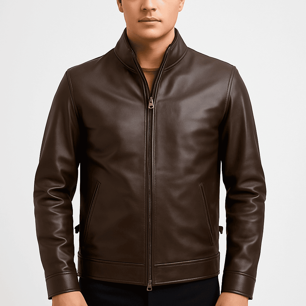 Men's brown genuine leather cafe racer bomber jacket