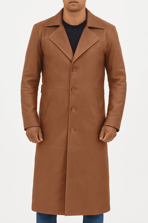 Men’s Brown Leather Long Duster Coat