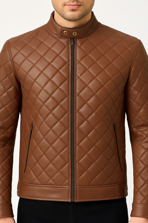 Men’s Brown Quilted Leather Jacket with Snap Tab Collar