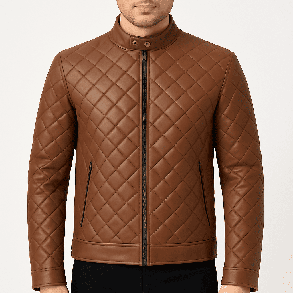 Men's brown quilted leather jacket with snap tab collar
